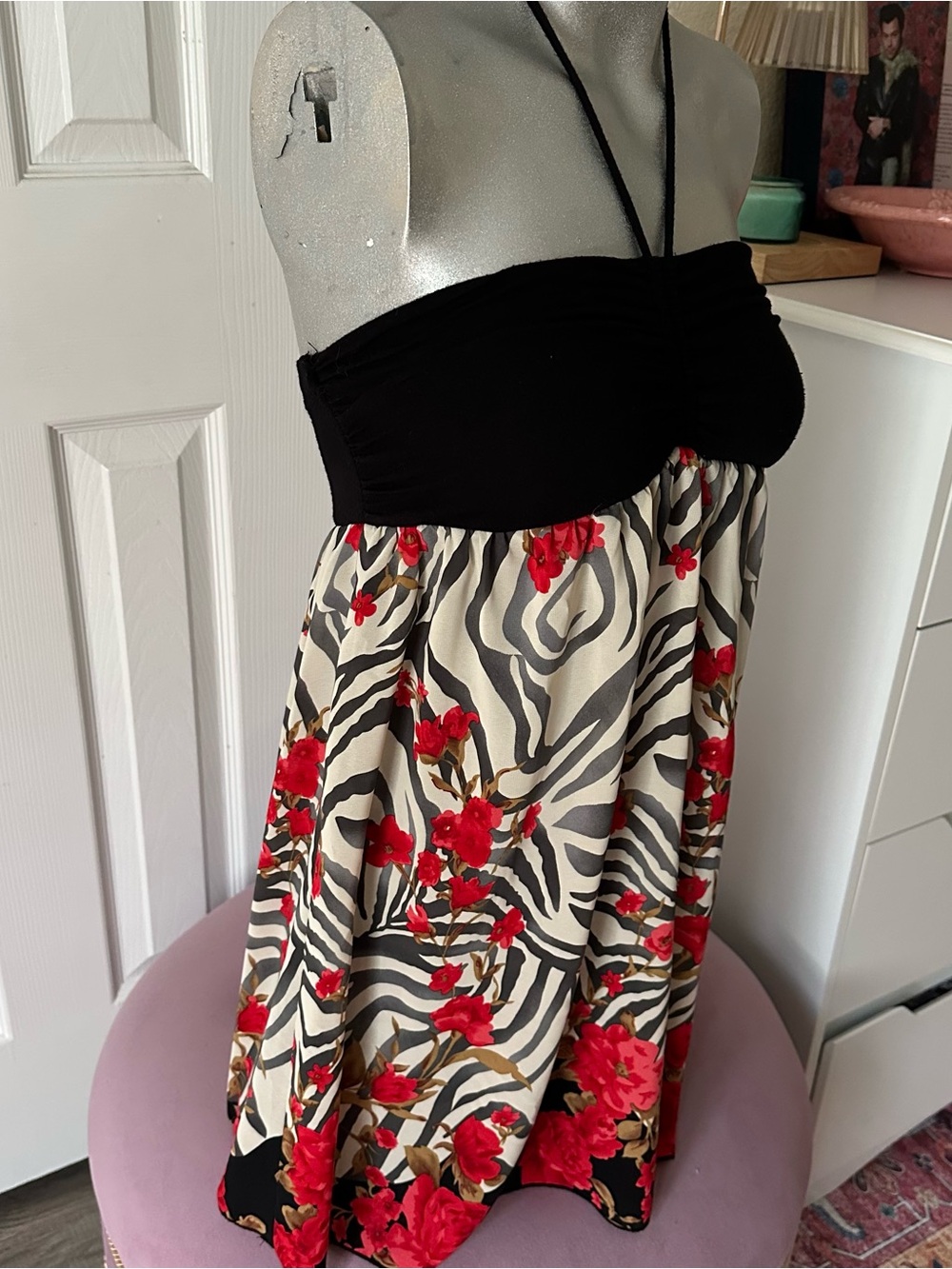 Y2K Moa Moa Zebra Print & Red Floral Pattern Halter Top - Picture 2 of 8